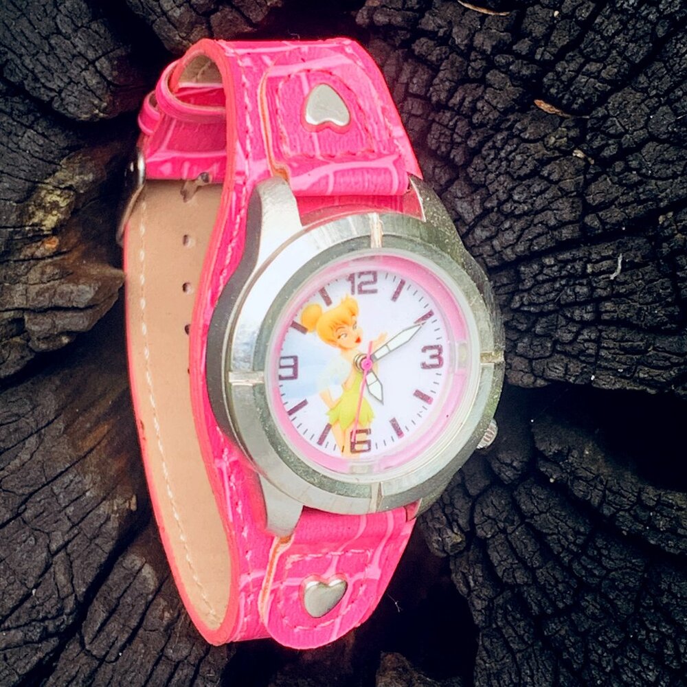 Tinkerbell/Disney Stainless Silver/Pink Leather Strap Band Women's/Girls Watch